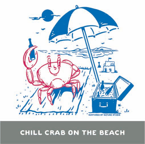 Graphic Tshirt Design with Cartoon Crab on the Beach