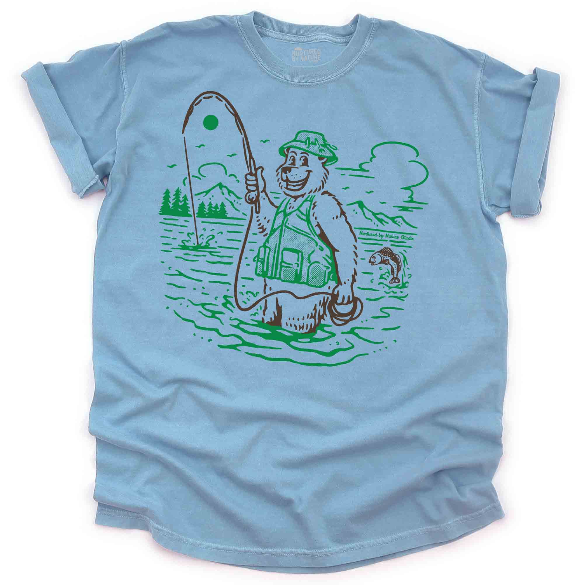 Fly Fishing Bear Graphic T-Shirt Ocean / Large
