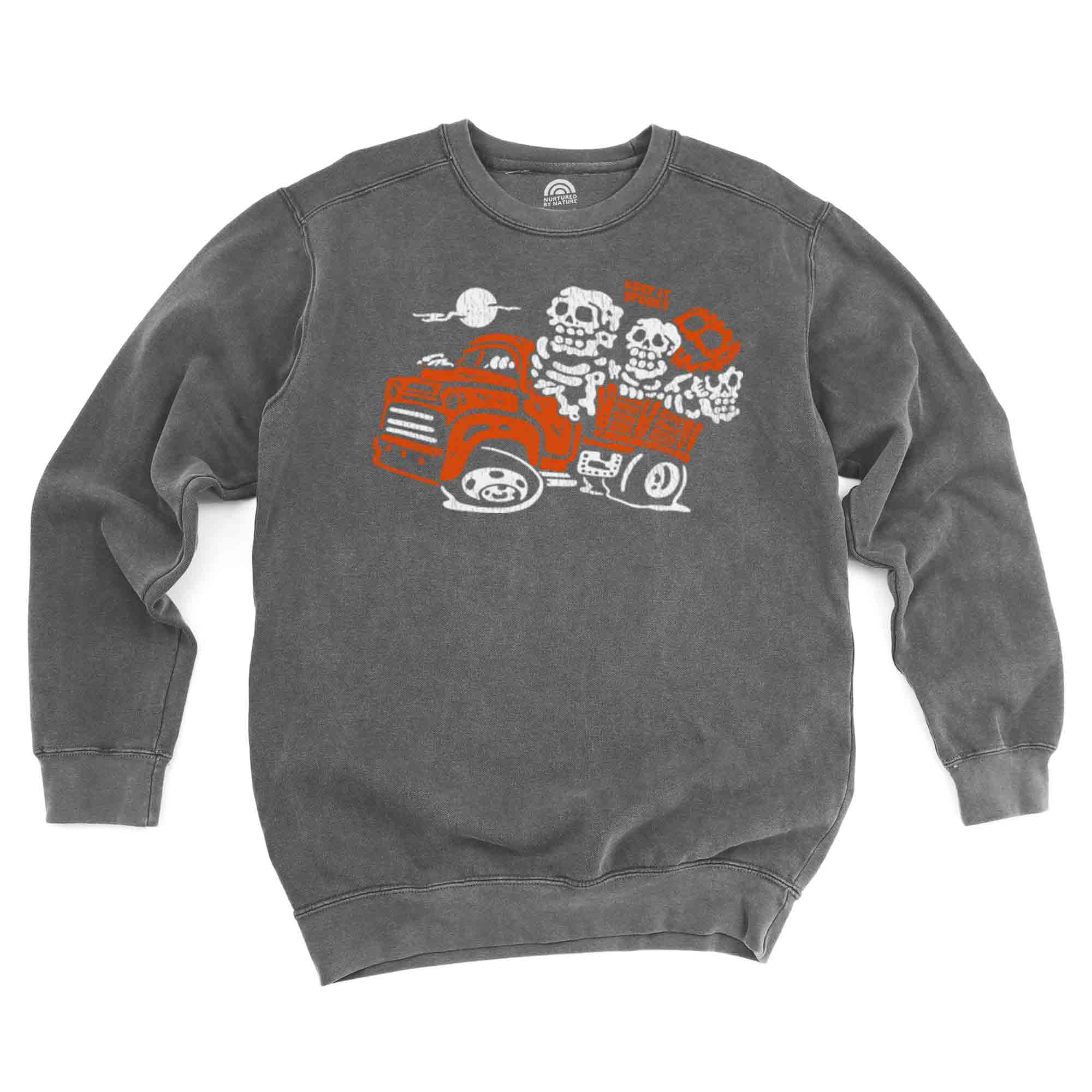 Spooky Haunted Hayride Graphic with Skeleton on a Truck on vintage wash grey crewneck sweatshirt made by Nurtured by Nature Studio