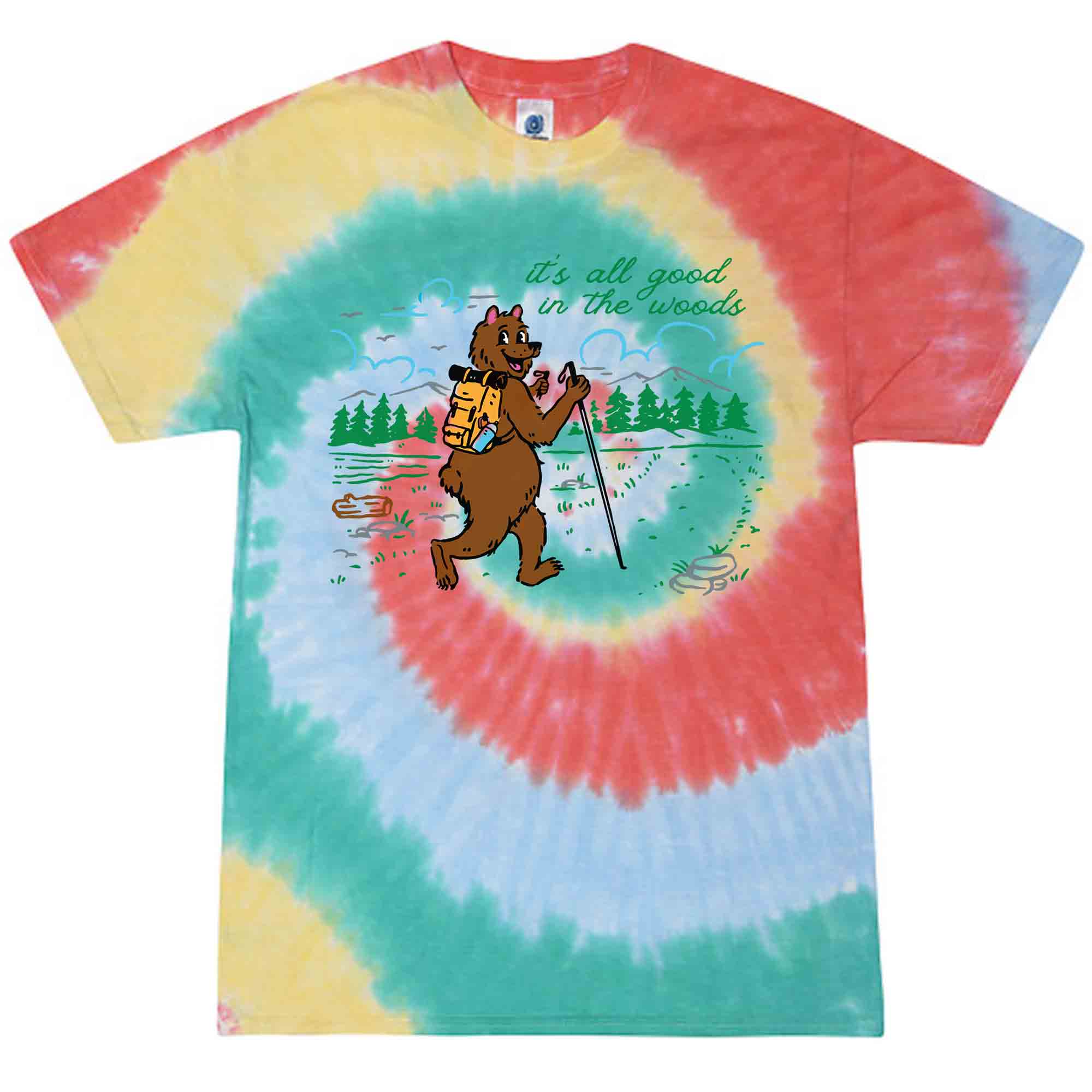 It&#39;s All Good in the Woods Hiking Bear Kids Tie Dye Graphic T-Shirt