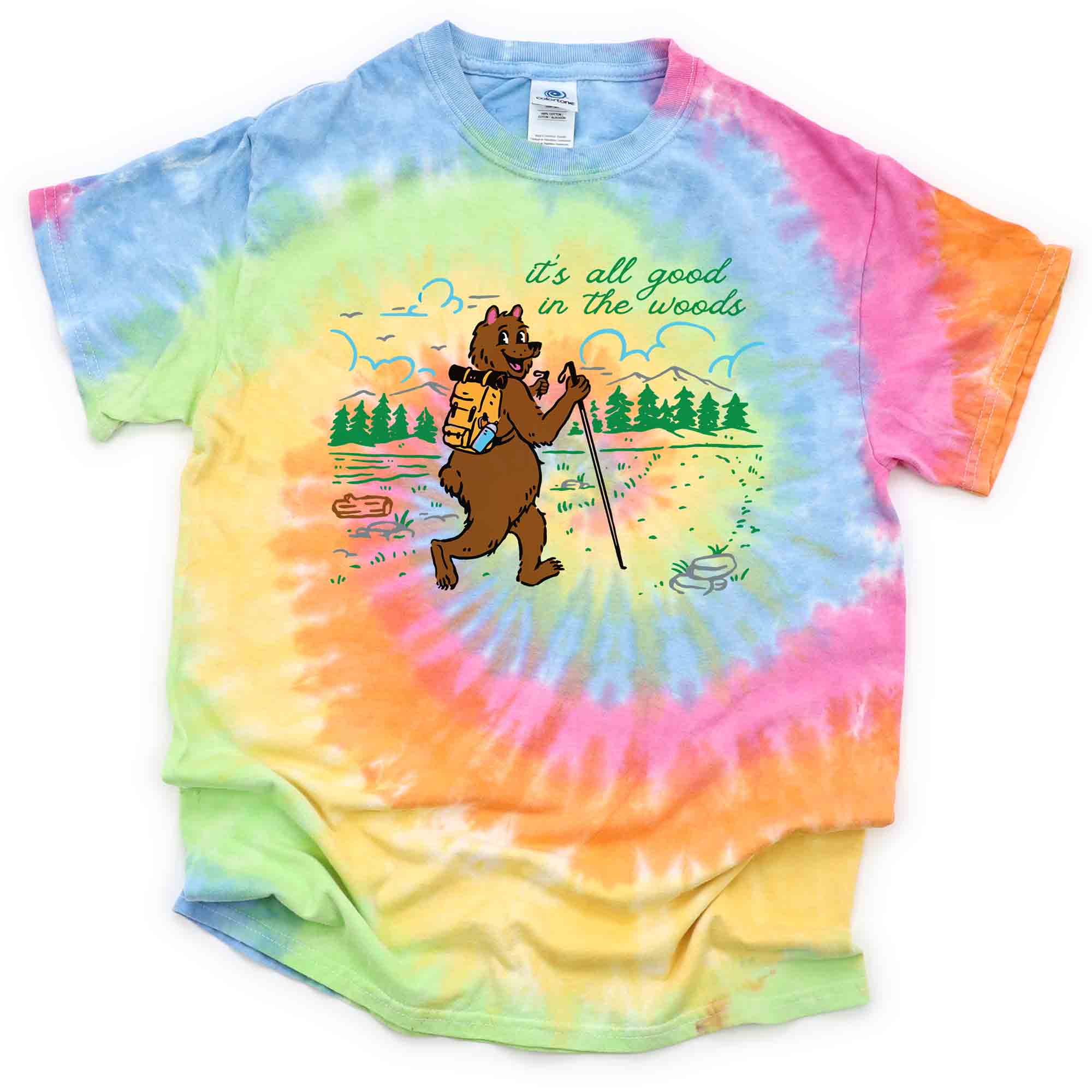 It&#39;s All Good in the Woods Hiking Bear Kids Tie Dye Graphic T-Shirt