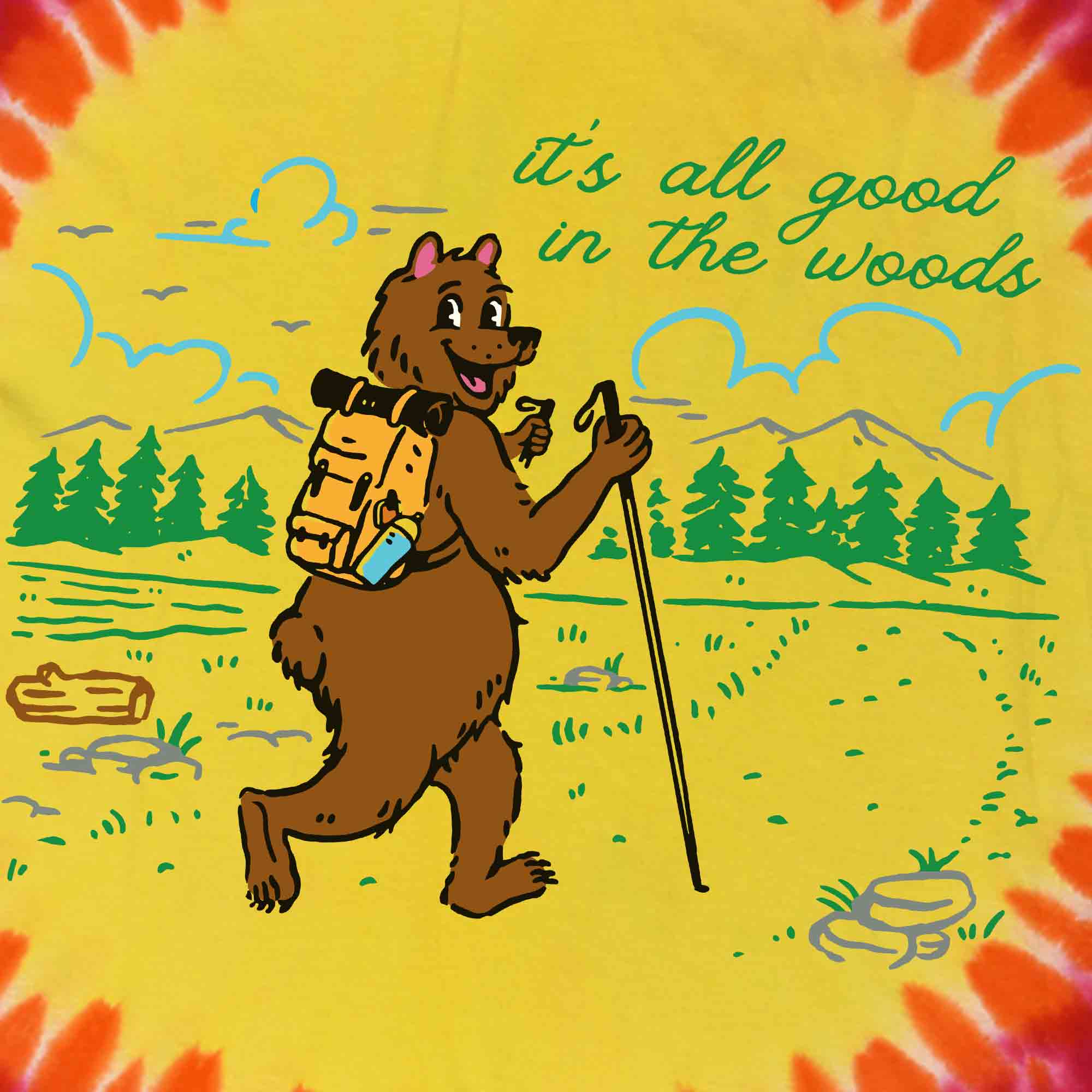 It&#39;s All Good in the Woods Hiking Bear Kids Tie Dye Graphic T-Shirt