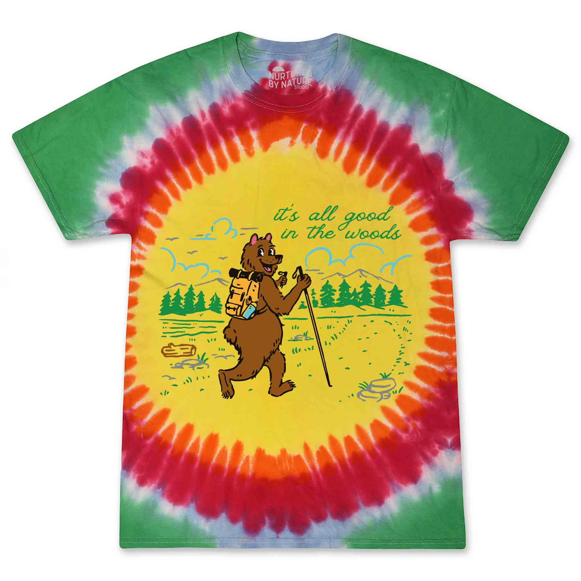 It&#39;s All Good in the Woods Hiking Bear Kids Tie Dye Graphic T-Shirt