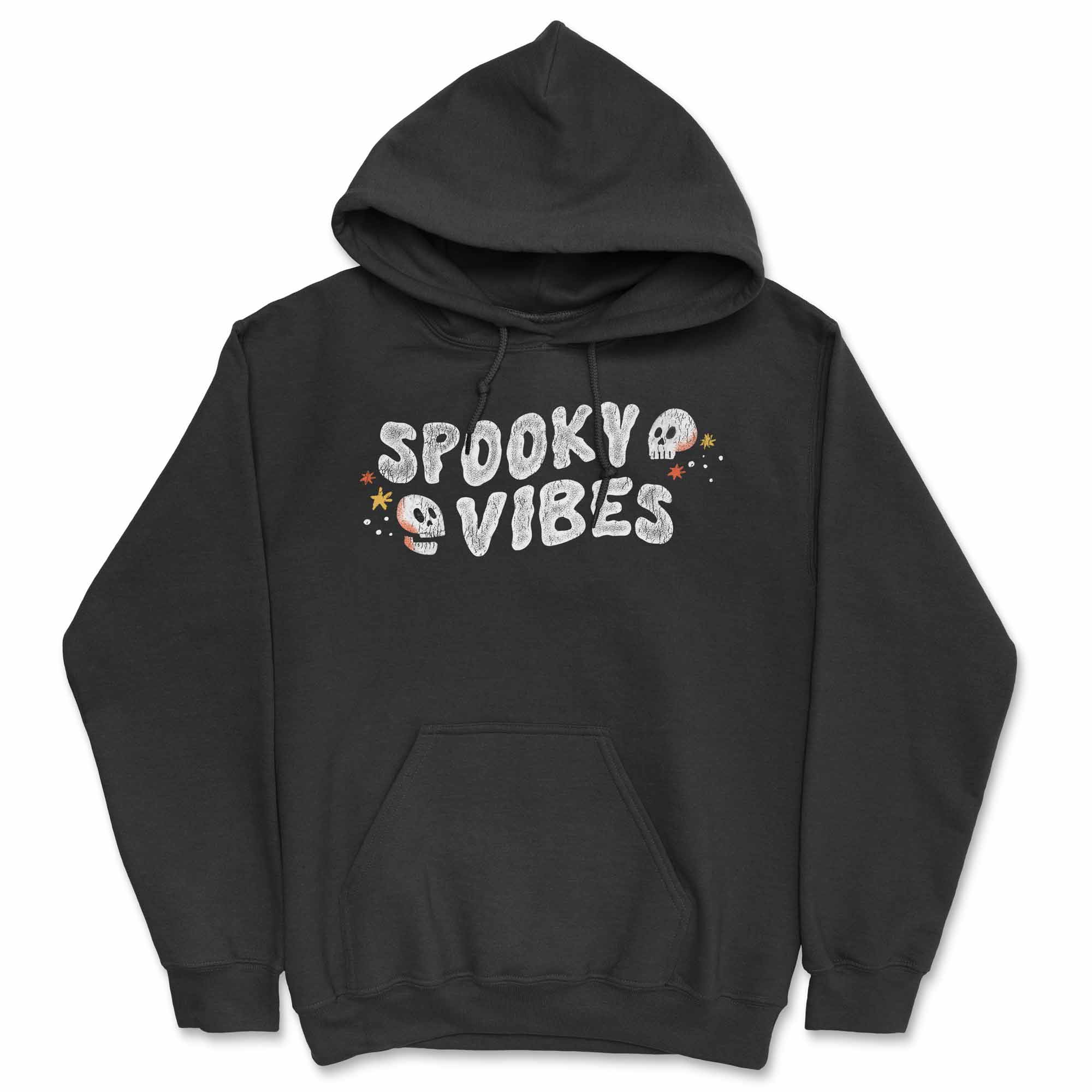 Spooky Vibes Halloween T-Shirt with Skulls on Black Hoodie by Nurtured by Nature Studio