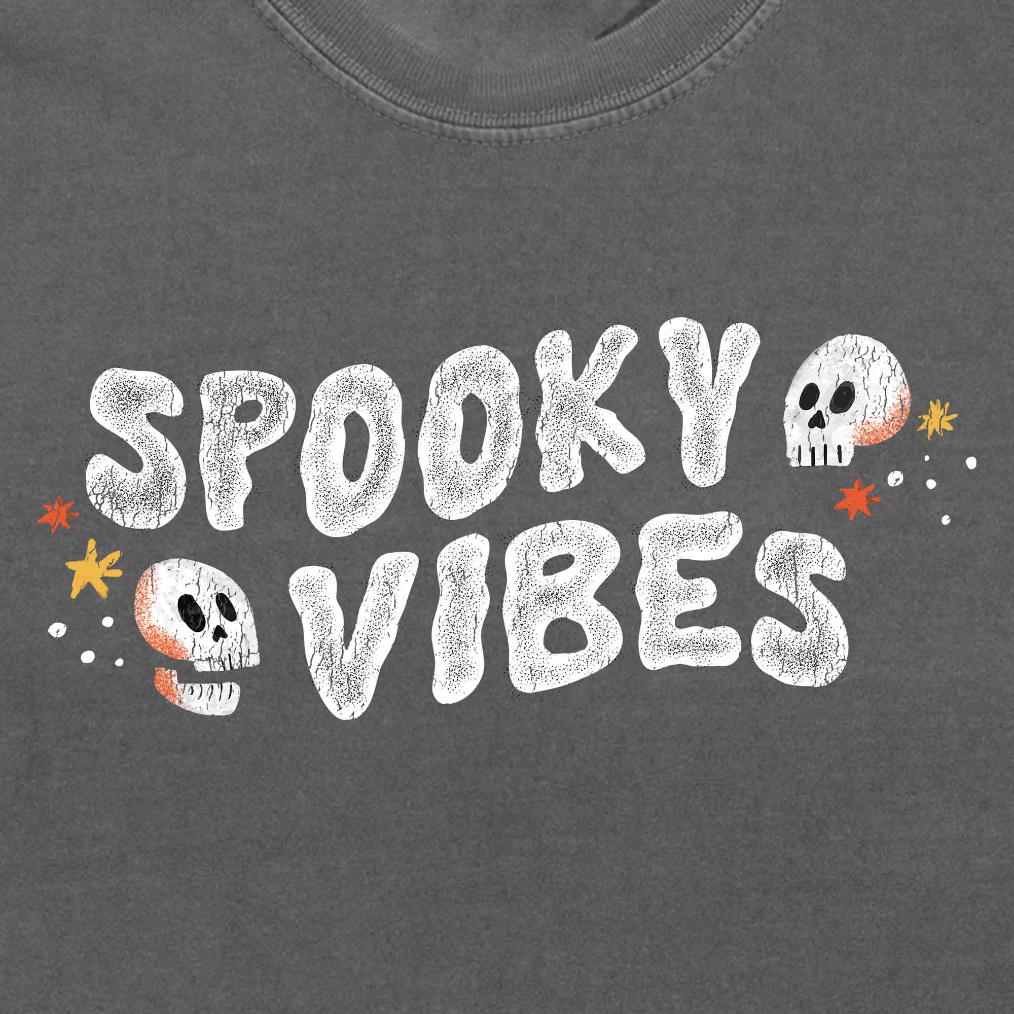 Spooky Vibes Halloween T-Shirt with Skulls on Vintage Washed Gray by Nurtured by Nature Studio