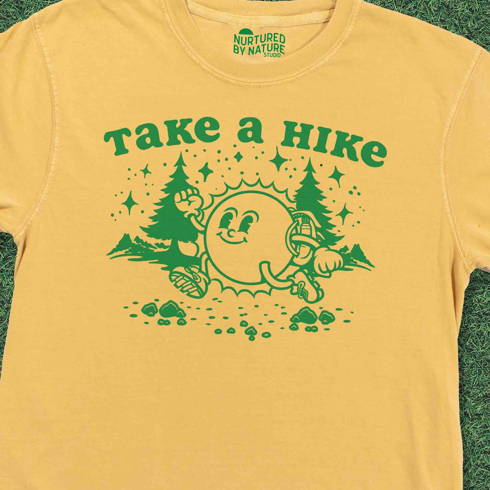 Take A Hike Cute Retro Hiking Sun Graphic T-Shirt by Nurtured by Nature Studio